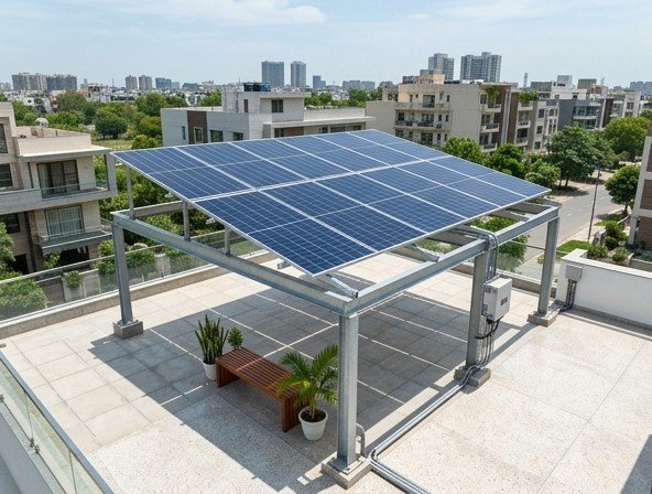 Workers installing solar panels on roof