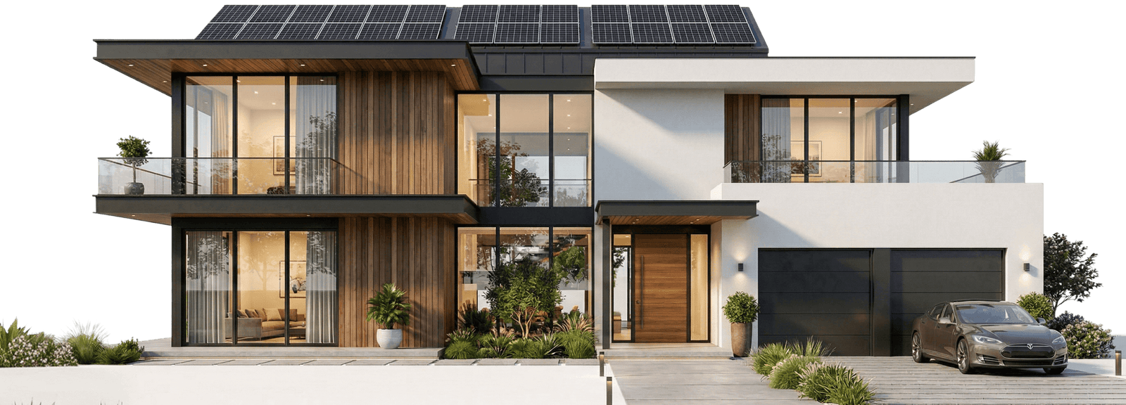 Modern house with solar panels, large windows, and a parked car.