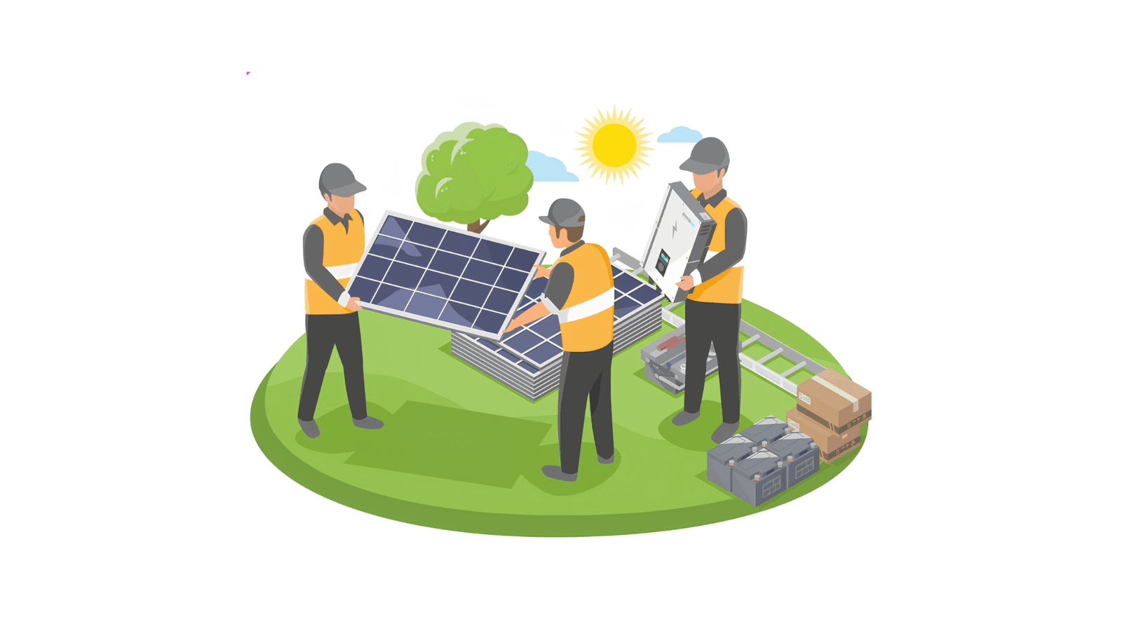 Workers install solar panels on a house roof.