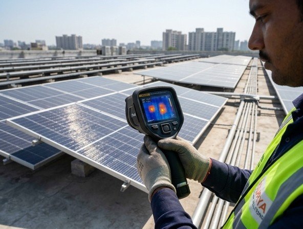 Man in hard hat with clipboard near solar panels