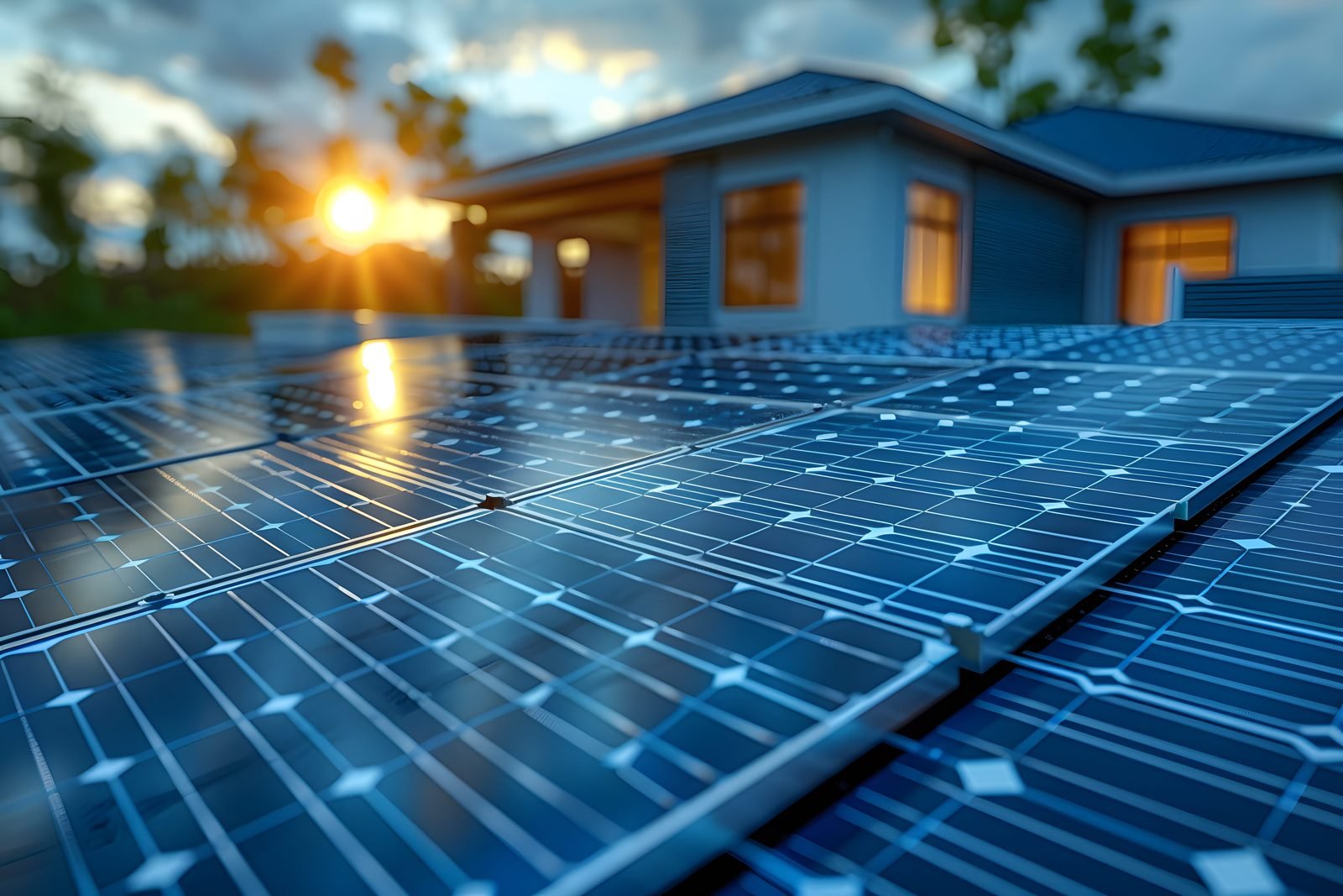 Residential home with solar panels at sunset