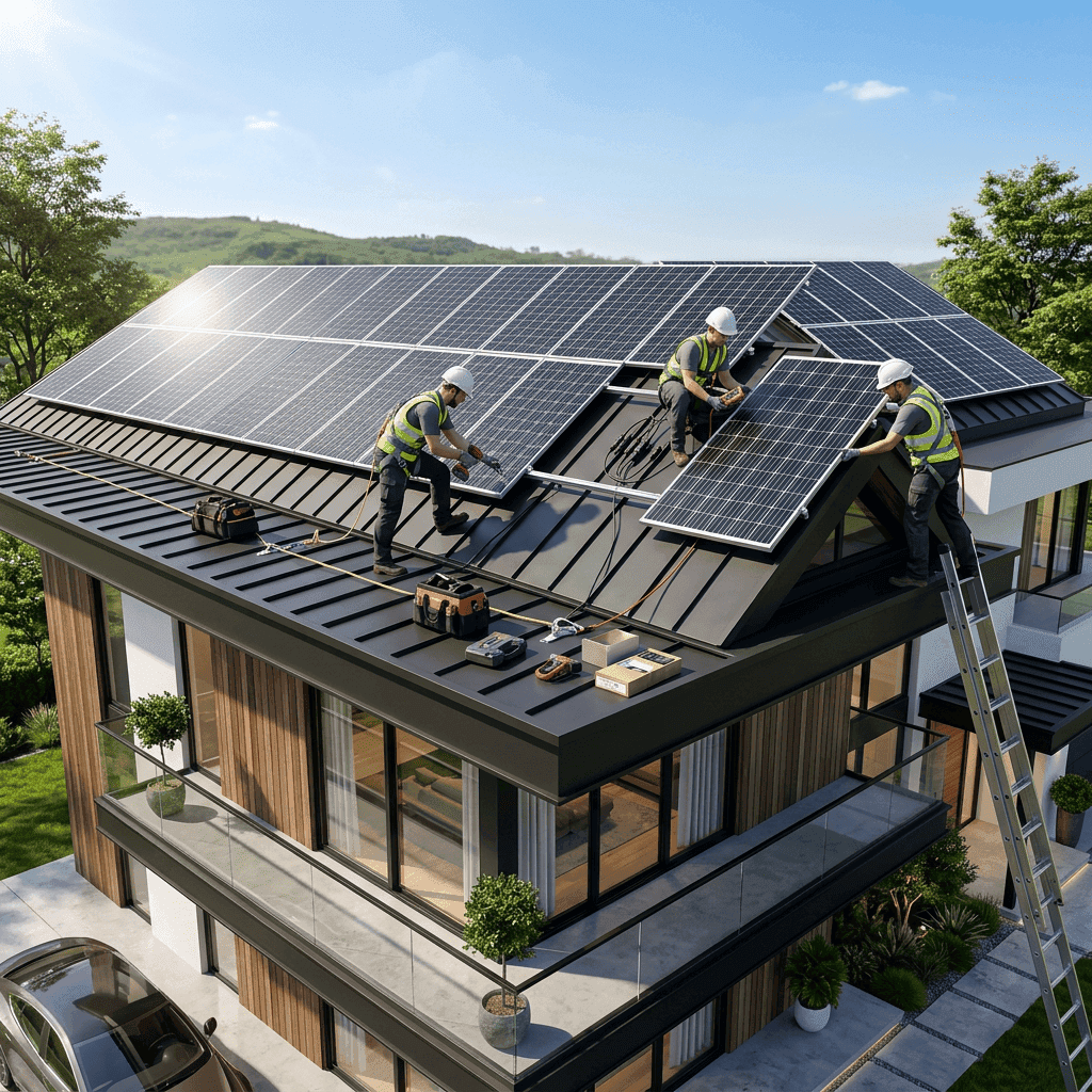 Workers install solar panels on a modern house roof.